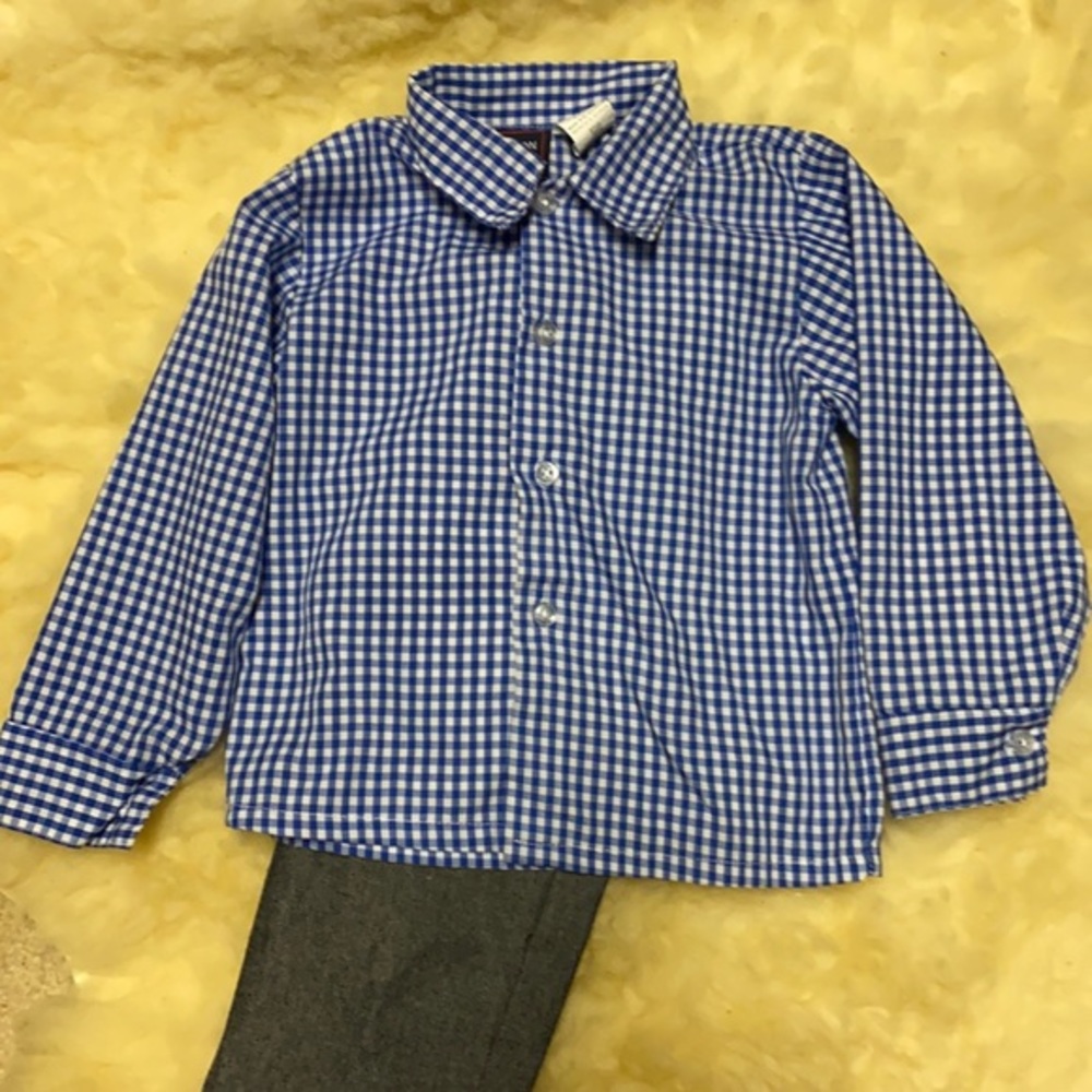 Boys 2pc Dress Outfit Hudson Ferrell Blue Gingham Shirt Gray Pants